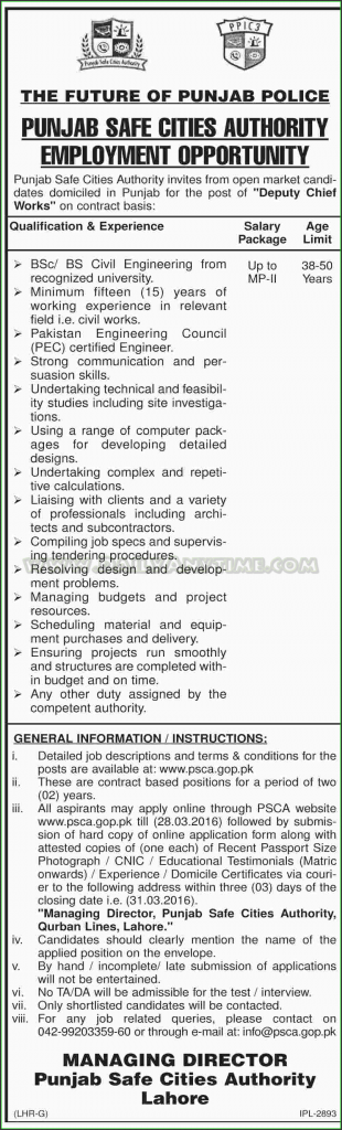 Deputy Chief Works Jobs in Punjab Police Punjab Safe Cities Authority Lahore