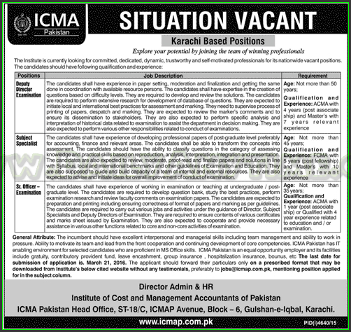 Deputy Director Examination, Subject Specialist and Sc Officer Examination Jobs in ICMA Pakistan