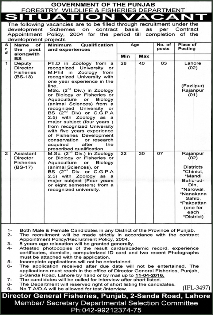 Deputy Director Fisheries, and Assistant Director Fisheries Jobs in Forestry Wildlife & Fisheries Department Government of Punjab