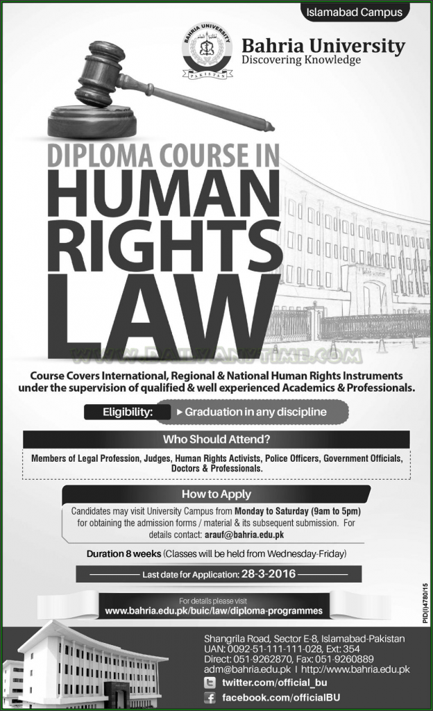 Diploma Course Human Rights Law Admissions in Bahria University