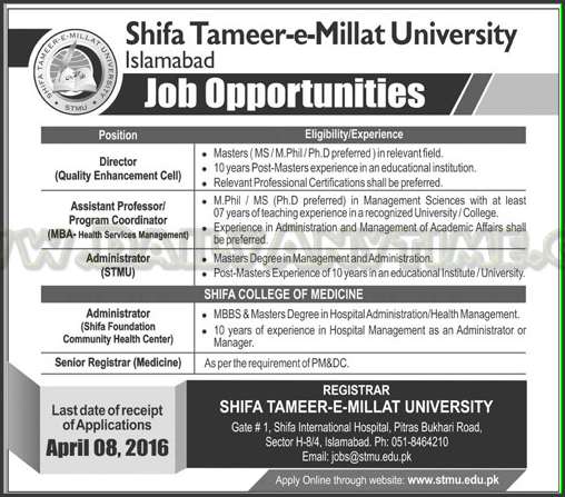 Director, Assistant Professional, Administrator Jobs in Shifa Tameer-e-Milat University Islamabad