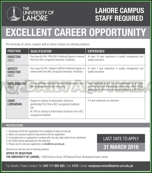 Director, Deputy Director, Data Analyst and Chief Librarian Jobs in The University of Lahore