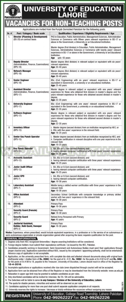 Director, Deputy Director, Network Manager, Senior Engineer, Assistant Director, and Other Jobs in University of Education Lahore