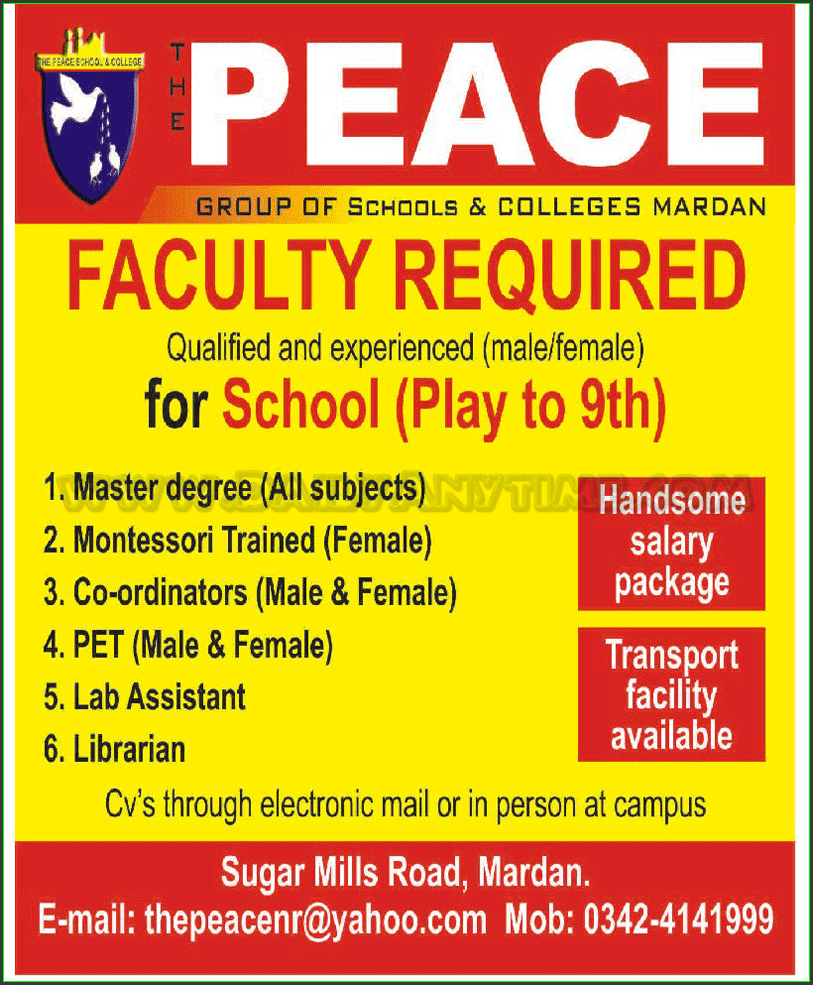Faculty Required in The Peace Group of School & College Mardan