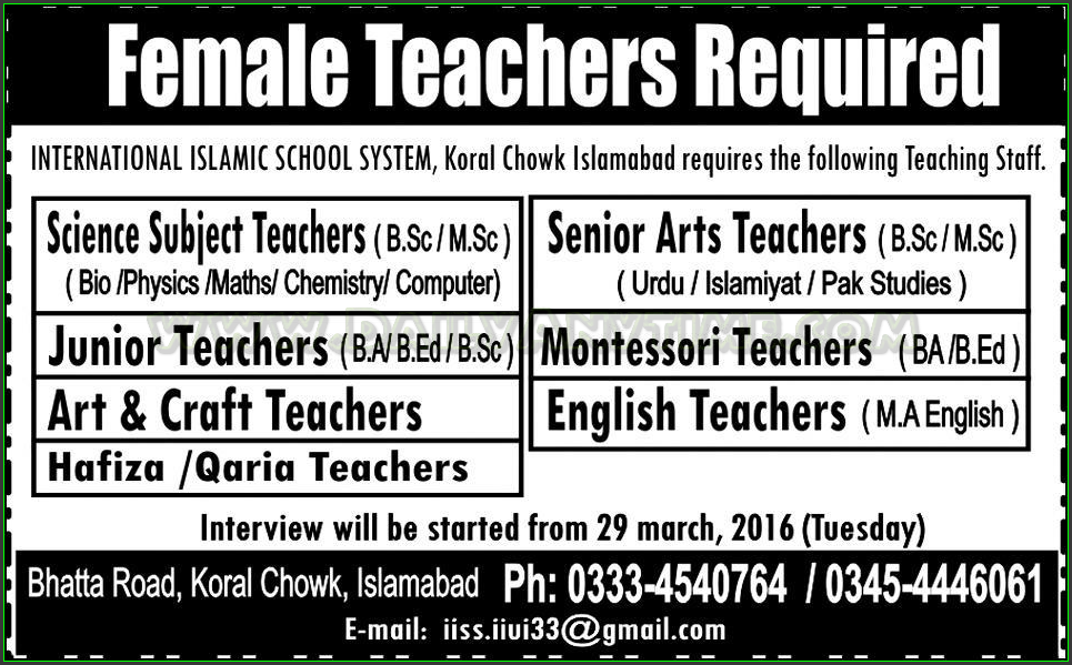 Female Teacher Jobs in International Islamic School System