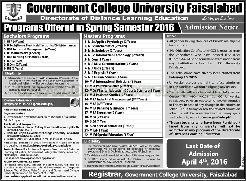 Government College University Programs Offere Admissions