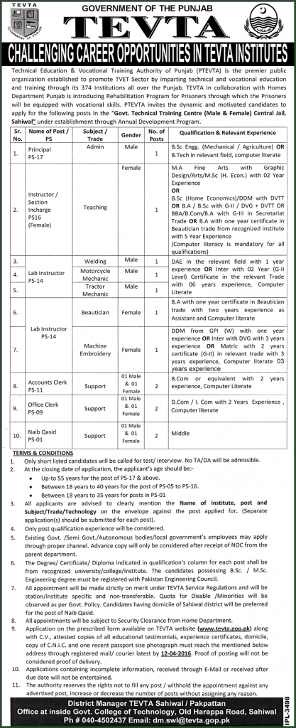 Instructor Section Incharge, Lab Instructor, Accounts Clerk, Office Clerk and Naib Qasid Jobs in TEVTA Govt of Punjab