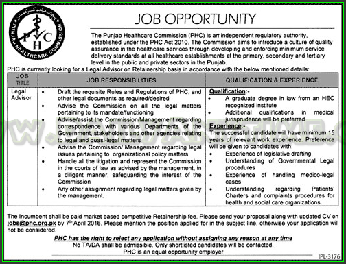 Legal Adviser Jobs in Punjab Healthcare Commission