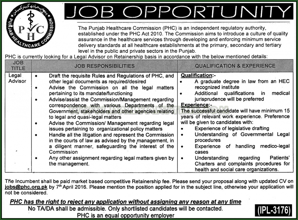 Legal Advisor Jobs in Punjab Healthcare Commission PHC