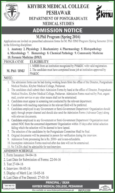 M.Phil Admissions in Khyber Medical College Peshawar