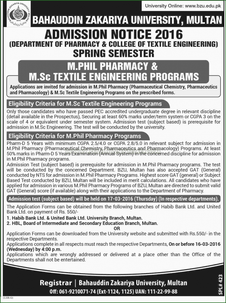 M.Phil MSc Admissions in Bahauddin Zakriya University Multan
