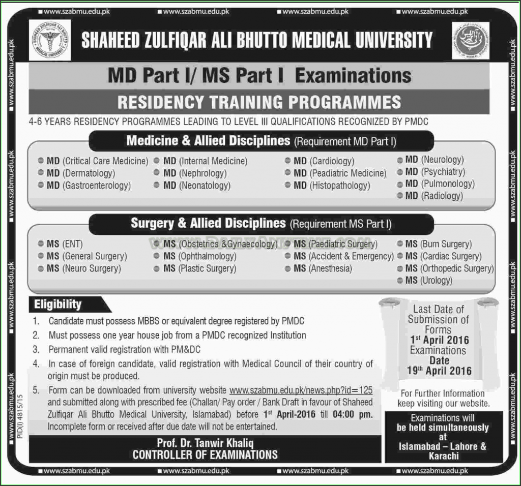 MD Part I and MS Part I Residency Training Programmes Admissions in Shaheed Zulfiqar Ali Bhutto Medical University