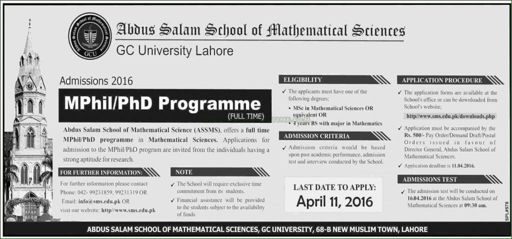 MPhil and PhD Admissions in Abdus Salam School of Mathematical Sciences GC University