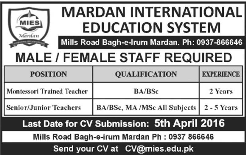 Male and Female Teachers Jobs in Mardan International Education System