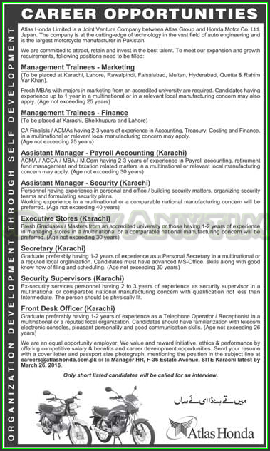 Management Trainees Marketing, Finance, Assistant Manager, Accounting, Security, Executive Stores, Secretary, and Front Desk Officer jobs in Atlas Honda Limited