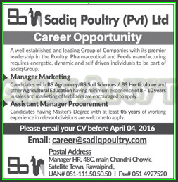 Manager Marketing, Assistant Manager Procurement Jobs in Saqiq Poltry