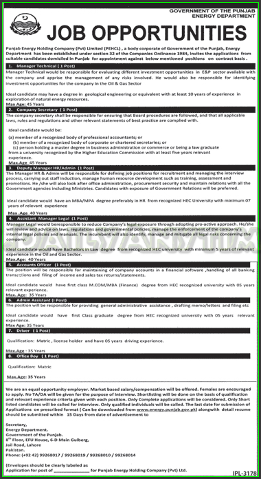 Manager Technician, Company Secretary, Deputy Manager, Assistant Manager, Accounts Officer, Driver and Office Boy Jobs in Energy Department Government of Punjab