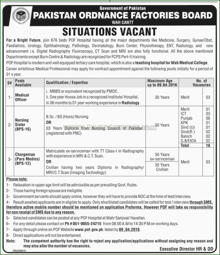 Medical Officer, Nursing Sister, and Chargeman Jobs in Government of Pakistan Ordance Factories Board