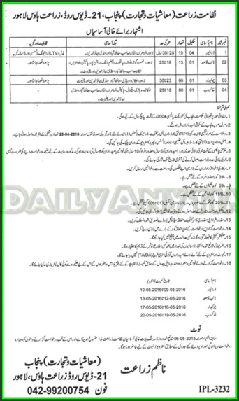 Naib Qasid, Chowkidar and Sweeper Jobs in Agriculture Department Lahore