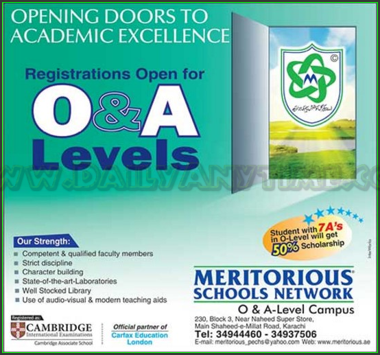 O&A Levels Admissions in Meritorious School Network