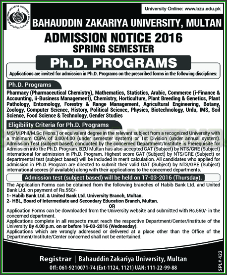 PhD Admissions in Bahauddin Zakriya University Multan
