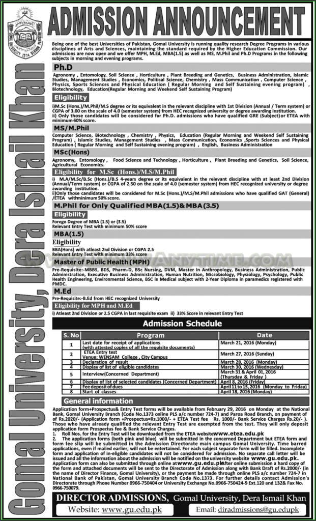 PhD, MS, MPhil and MSc Admissions in Gomal University