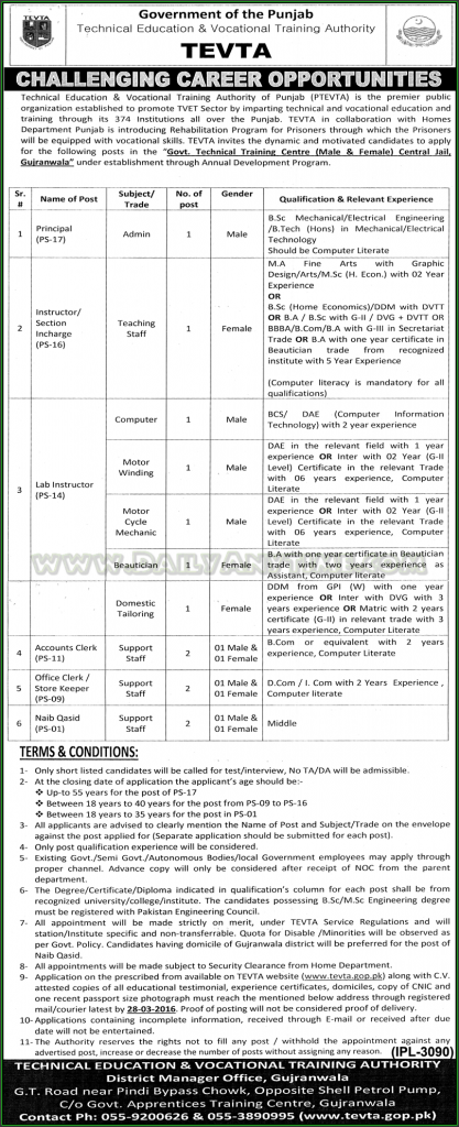 Principal, Instructor Section Incharge, Lab Instructor, Accounts Clerk, Office Clerk Store Keeper and Naib Qasid Jobs in TEVTA