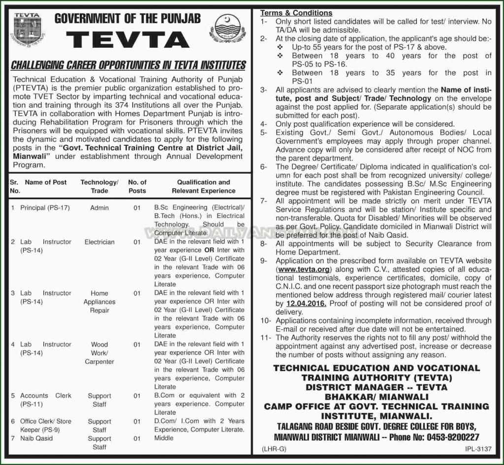 Principal, Lab Instructor, Accounts Clerk, Office Clerk, Store Keeper, and Naib Qasid Jobs in TEVTA