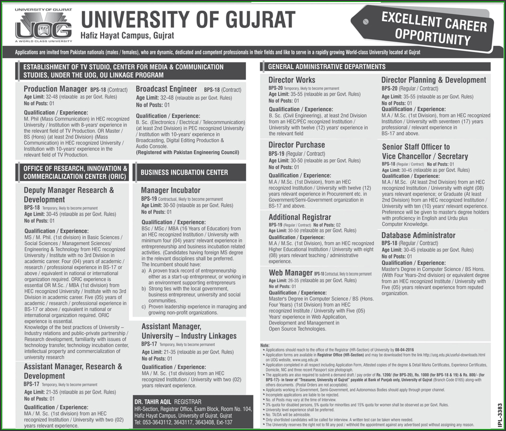 Production Manager, Deputy Manager, Manager Incubator, Assistant Manager, Director Works, Director Purchase, Additional Registrar, and Web Manager Jobs in University of Gujrat