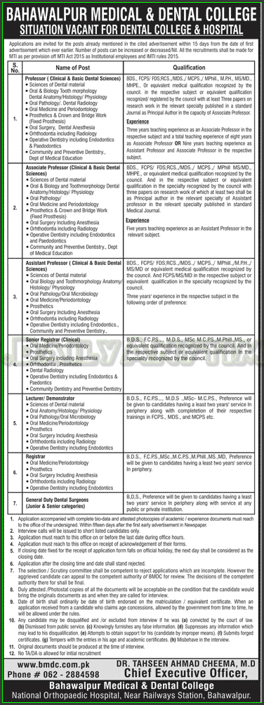 Professor, Associate, Assistant, Professor, Senior Registrar, Lecturer, Registrar, and Deputy Dental Sargeoas Jobs in Medical & Dental College Hospital Bahawalpur
