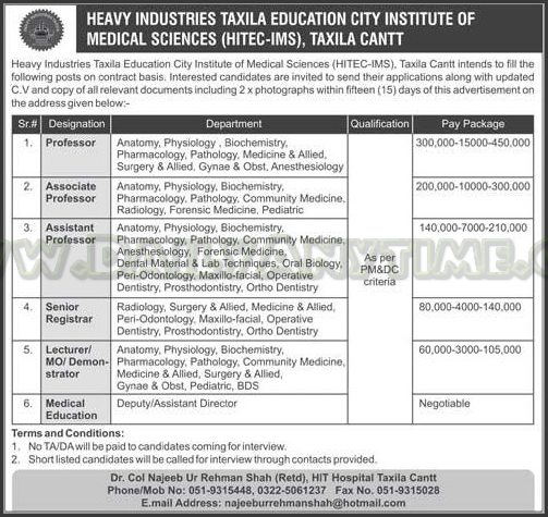 Professor, Associate Professor, Senior Registrar, Lecturer and Medical Education Jobs in City Institute of Medical Sciences Taxila Cantt