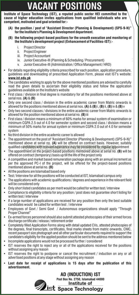 Project Director, Project Engineer, Project Accountant Jobs in Institute of Space Technology