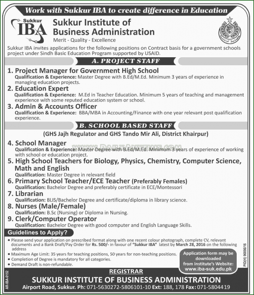 Project Manager, Education Expert, Admin & Accounts Officer, School Manager, Teachers, Librarian, Nurse and Clerk Jobs in IBA Sukkur