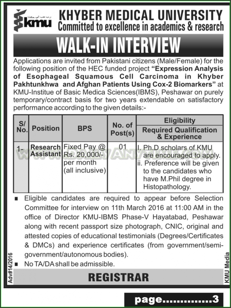 Research Assistant, Jobs in Khyber Medical University