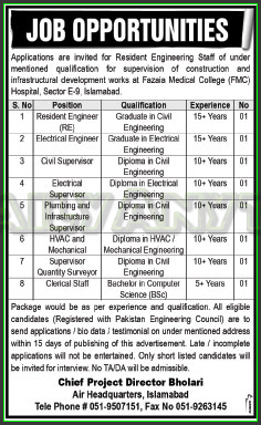 Resident Engineer, Electrical Engineer, Civil Supervisor, Electrical Supervisor, and Critical Staff Jobs in Aiir Headquarters Islamabad