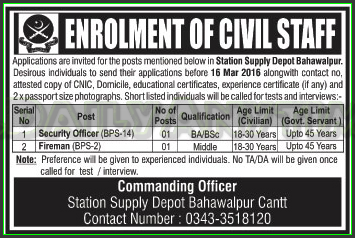 Security Officer and Fireman Jobs in Station Supply Depot Bahawalpur