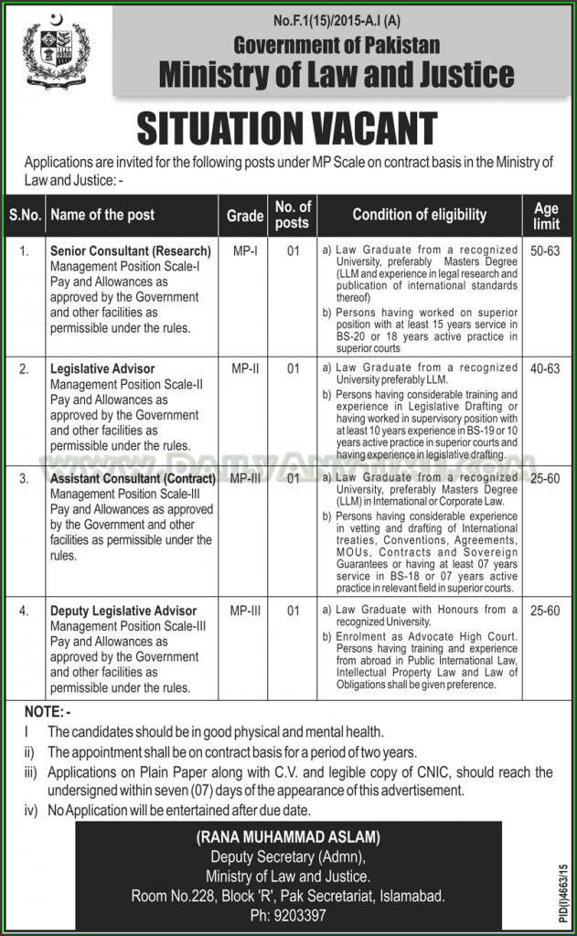 Senior Consultant, Legislative Advisor, Assistant Consultant and Deputy Legislative Advisor Jobs in Govt of Pakistan Ministry of Law and Justice
