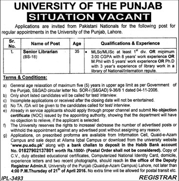 Senior Labrarian Jobs in University of The Punjab