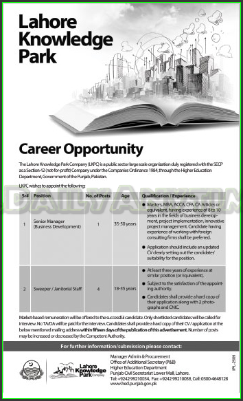 Senior Manager and Sweeper Jobs in Lahore Knowledge Park