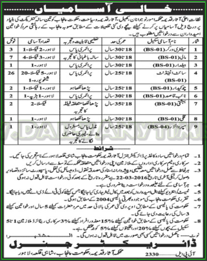 Sentry Worker, Gardner, Baildar, Site Attendant, Chowkidar, Naib Qasid and Super Visor Jobs in Govt of Punjab