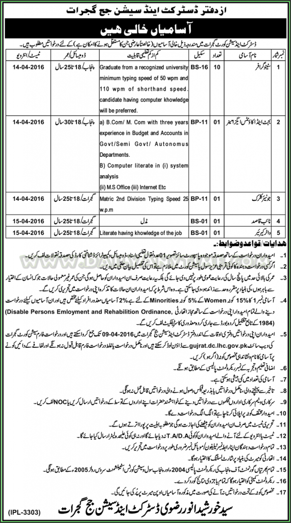Stenographer, Budget & Accounts Examiner, Junior Clerk, Naib Qasid and Water Career Jobs in District and Session Judge Gujrat