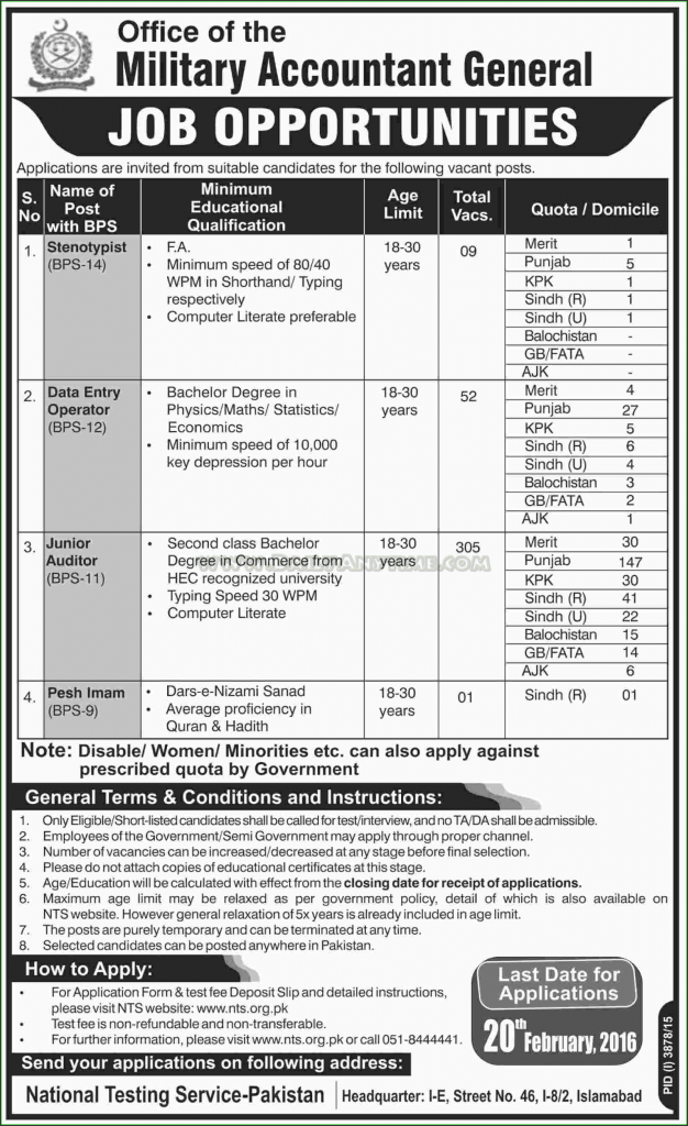 Stenotypest, Data Entry Operator, Junior Auditor and Pesh Imam Jobs in Government of Pakistan Military
