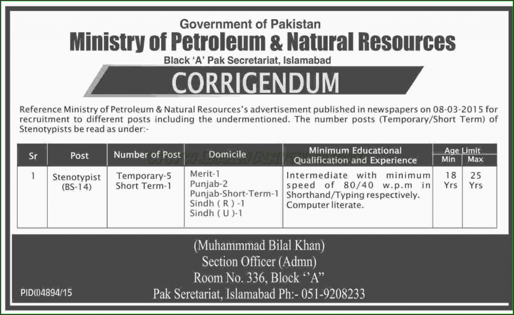 Stenotypest Jobs in Ministry of Petroleum & Natural Resources Govt of Pakistan