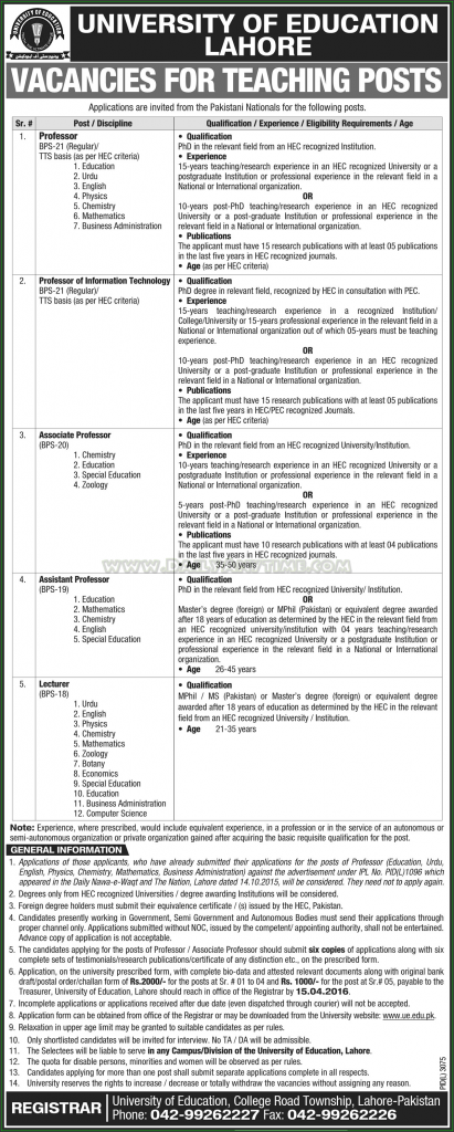 Professor, Associate Professor, Assistant Professor, and Lecturer, Jobs in University of Education Lahore