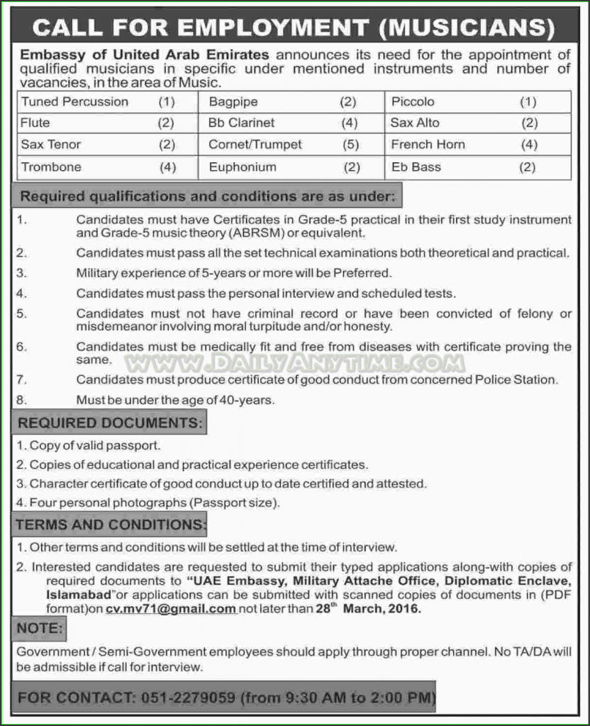 Tuned Percussion, Flute, Sax Tenor, Trombone, Bagpipe, Bb Clarinet, Cornet, Trumpet and Other Jobs in UAE Embassy of United Arab Emirates