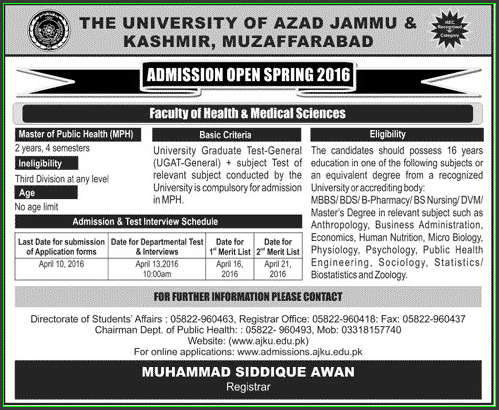 Admissions in The University of AJK Muzaffarabad