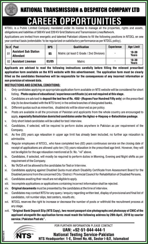 Assistant Sub Station Attendant, Assistant Lineman Jobs in National Transmission & Despatvh Company LTD