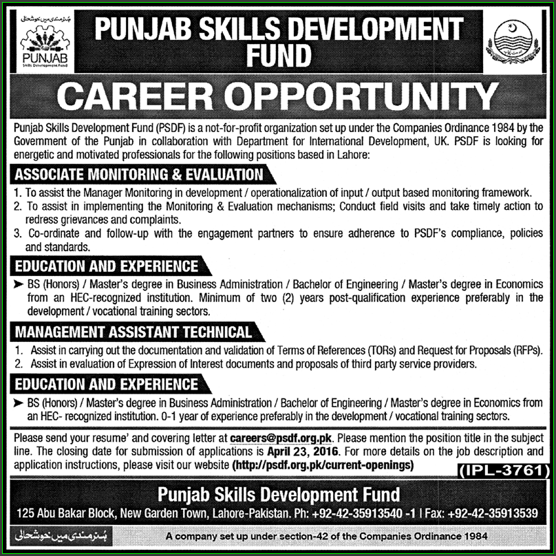 Associate Monitoring & Evaluation Jobs in Punjab Skills Development Fund (PSDF)