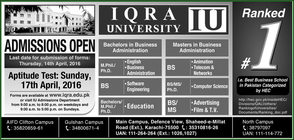Bachelors in Business Administration, Masters in Business Administration, M.Phil, Ph.D, BS and MS Admissions in Iqra University