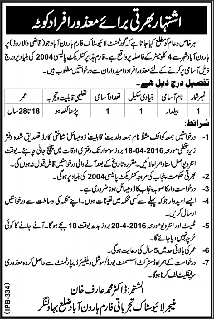 Baildar Jobs in Government Live Stock Farm Haroon Abad